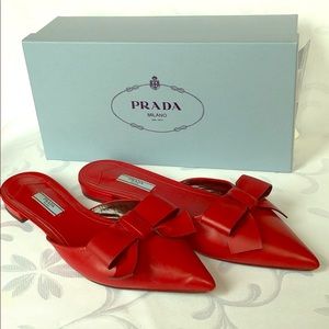 Prada Red Leather slip on no heel loafers